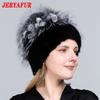 JERYAFUR High Quality Mink Fur Hat for Women Natural Mink Fur Hats with Luxury Big Pompom Fox Fur Ball Beanies Winter Women's Cap LadyHat