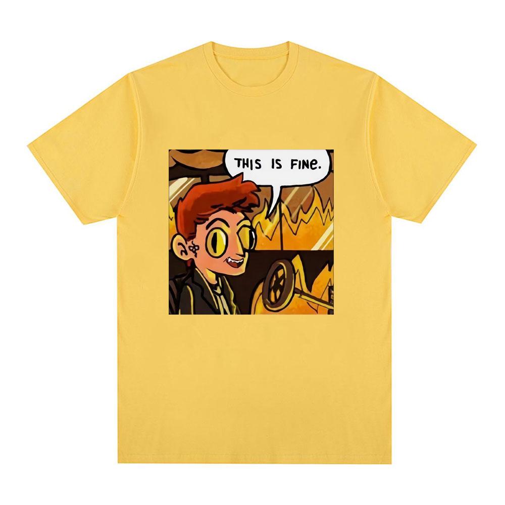 Good Omens This Is Fine Crowley Graphic T Shirt Men Fashion Vintage T Shirts Summer 100% Cotton Casual Cozy T-shirts Streetwears