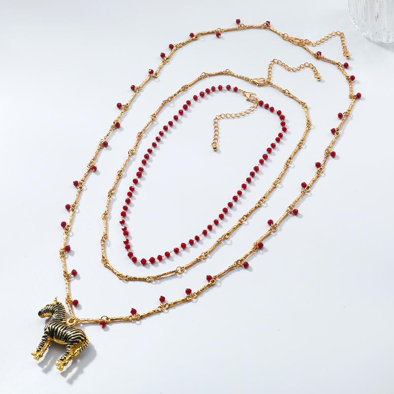 Women Jewelry Vintage Metal Zebra Pendant Layered Beaded Chain Link Necklaces Luxury Prom Party Accessories Gift