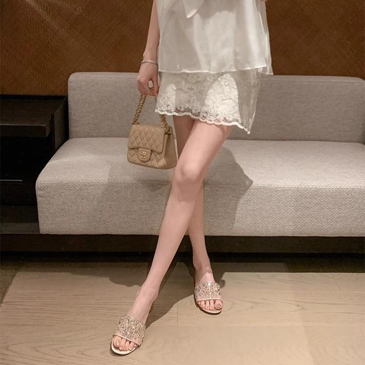 New limited edition crystal drag mesh yarn rhinestone one-word thick heel slippers women's sandals dinner wear women's sequined slippers