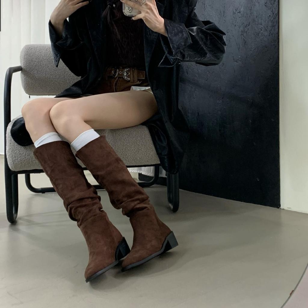 2025 new autumn and winter long tube stacking boots thick heel square head medium tube thin knight boots