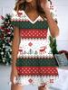 Fashion Women's V Neck Short Sleeve Christmas Snowman Printed  Dress Sex Short Skirt Dresses