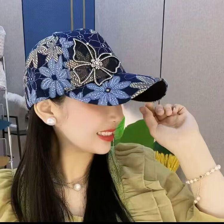 

Women s Korean Style Summer Rhinestone Baseball Cap with Lace Butterfly Mesh, Breathable Sun Protection Duckbill Hat синий