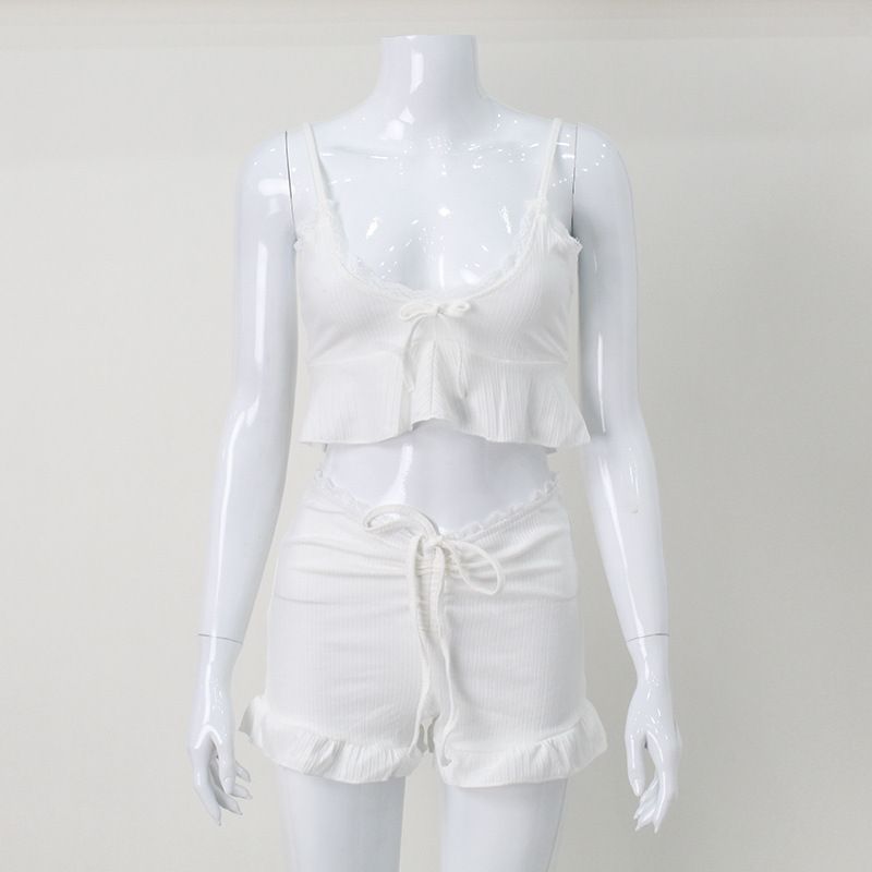 

INS Style European and American Women s Clothing Spaghetti Straps Midriff-Baring Shorts Summer Casual Refreshing Lace Edge Two-piece Set Female White S