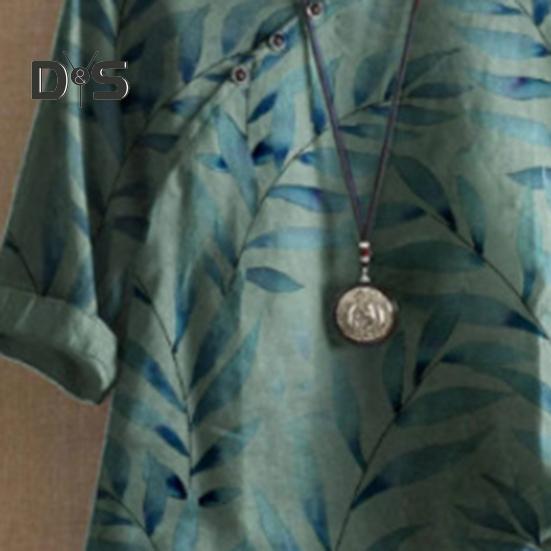 Dámské letní tričko s kulatým výstřihem, krátkým rukávem, volného střihu, pulovrové topy, retro potisk listů, knoflíková dekorace, tenké tričko