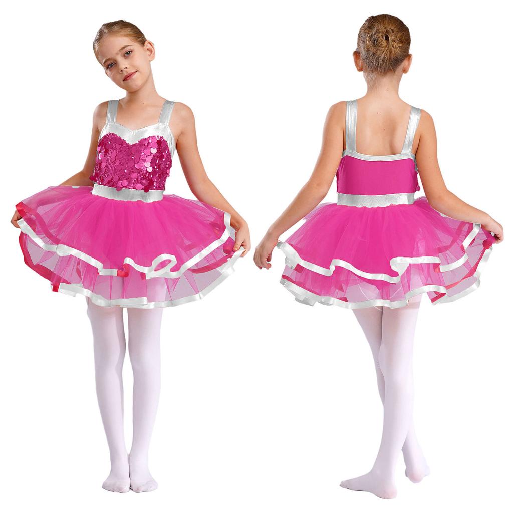 Mädchen Tanz Tutu Kleid Ärmellos Colorblock Glitzernde Pailletten Bühnenauftritt Rezital Kostüm