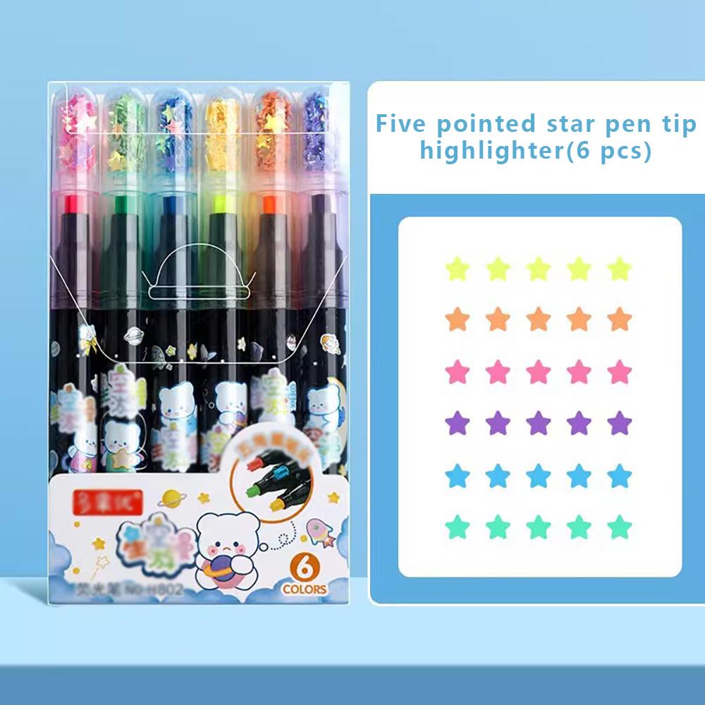 

6Pcs/set Cute Star Stamp Highlighter Color Art Marker DIY Hand Account Pen Office Stationery Student School Drawing Supplies