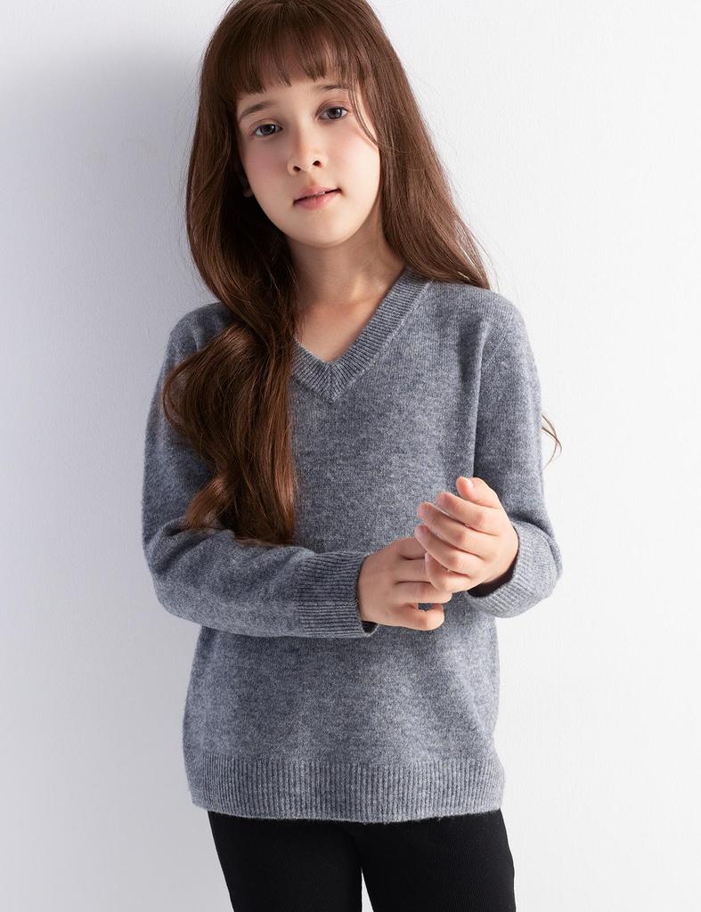 Girls' V-neck Wool Base Layer Sweater - Soft, Warm, Skin-friendly, Solid Color One-Piece Top
