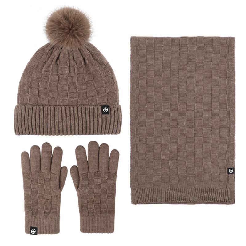 Winter warm scarf three-piece set outdoor cold-proof plush ball knitted hat scarf gloves 3-piece set