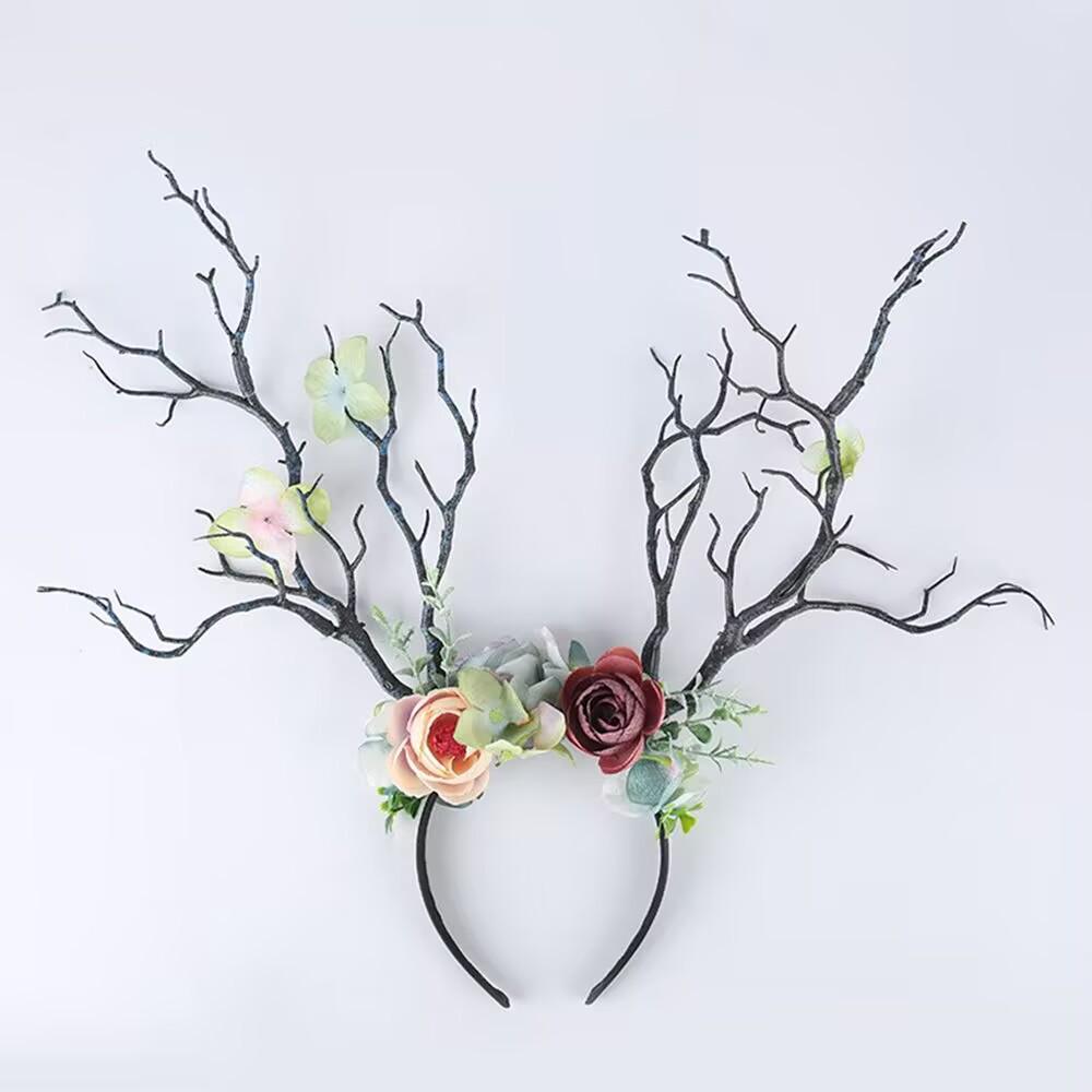 Diadema Exagerada Estilo Mori con Flores y Astas para Niños, para Fotos y Actuaciones