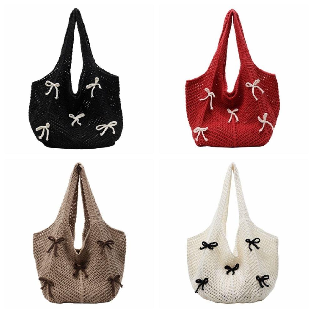Casual Bow Knitted Shoulder Bag Bohemian Large Capacity Weave Handbag Bowknot Hollow Crochet Tote Bag Beach