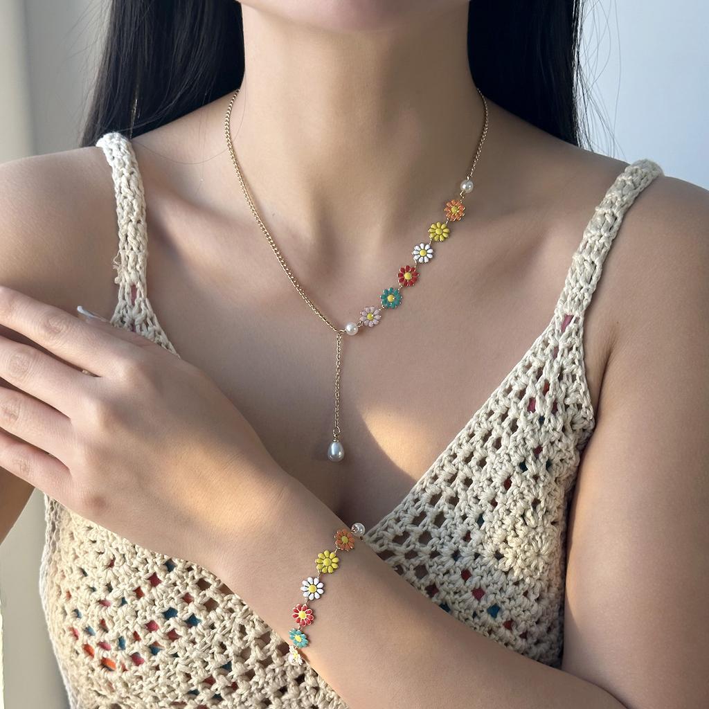 Colorful Daisy Flower Bracelet Necklace For Women Korean Sweet Clavicle Chain Choker Jewelry Set Girls Wedding Party Gift
