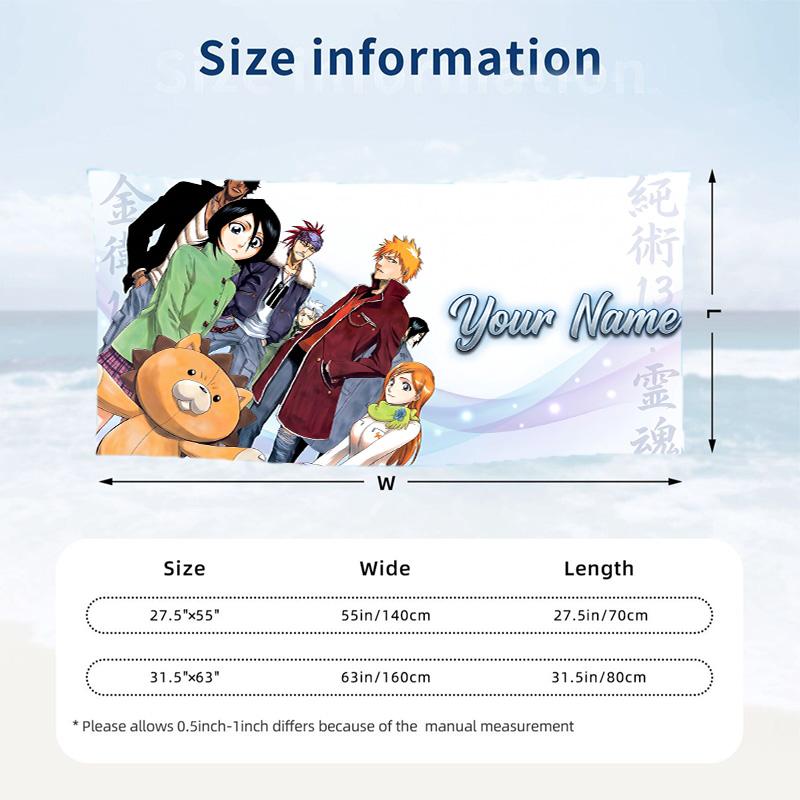 Custom Text Beach Towel, Soft Absorbent Swimming Multi-use TowelBleach anime