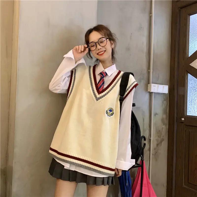 New  Japanese Preppy Pullover JK Sweater Loose Casual Long Sleeves Student Long-sleeved Knit V-neck Pullover School Uniform