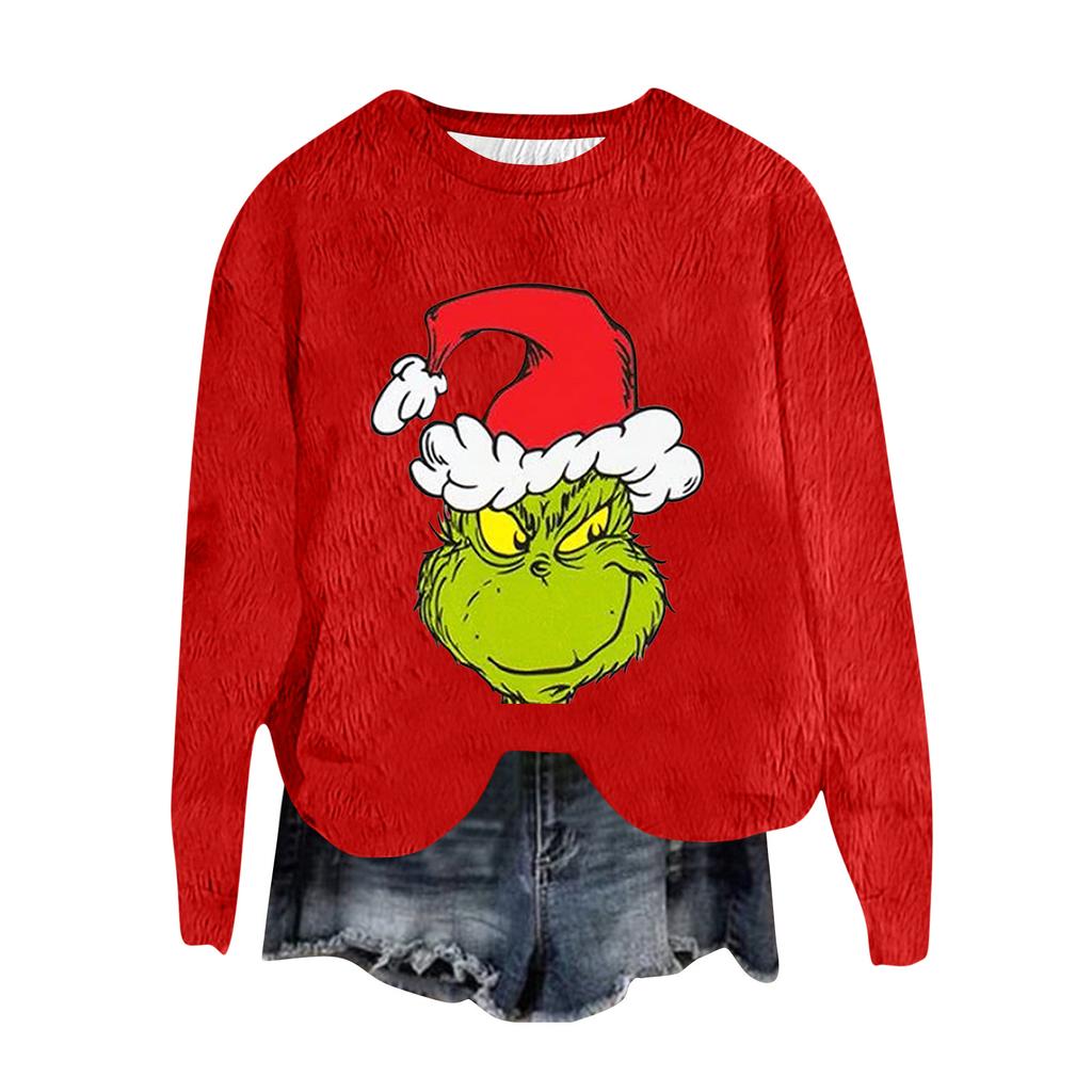 Women's Fashion Round Neck Pullover Top Long Sleeve Tee Christmas Printed Sweatshirt