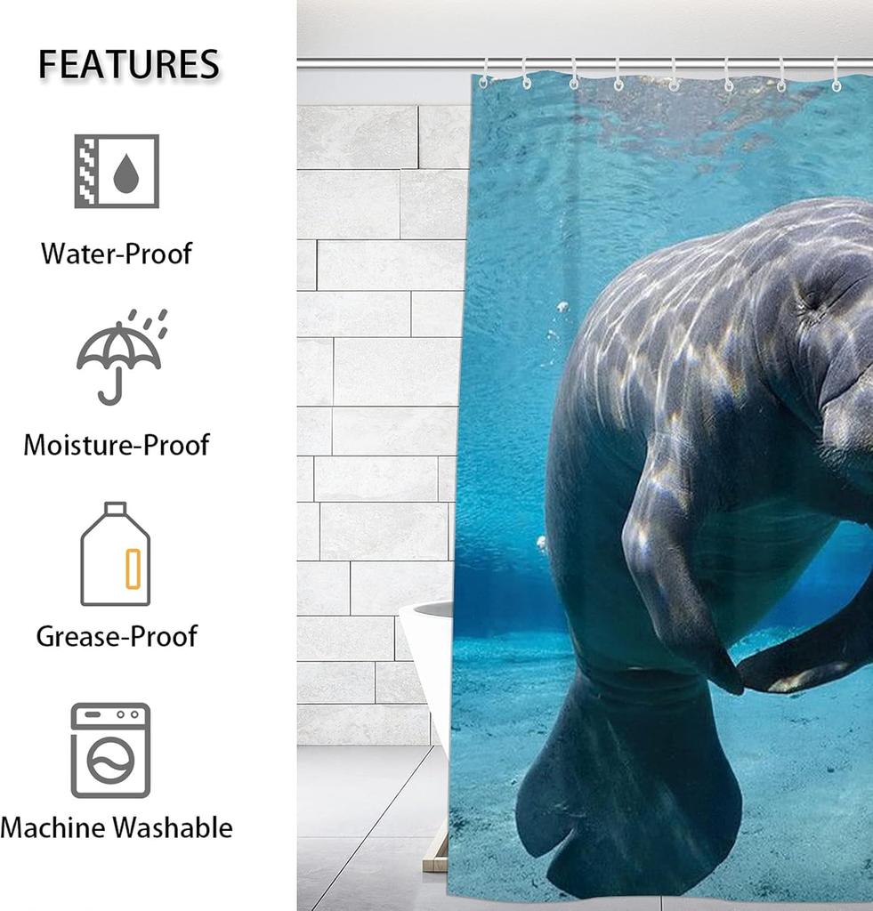 Pardick Sea Ocean Animal Manatee Shower Curtain, Waterproof Summer Shower Curtain Set with 12 Hooks, Polyester Fabric Shower Cur