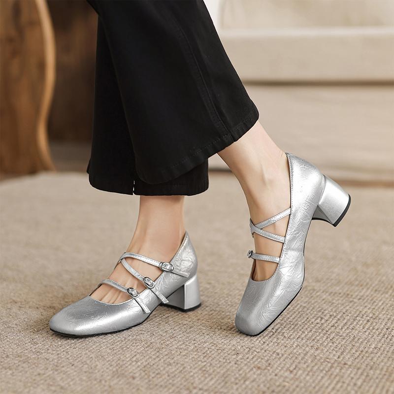 Sheepskin new high-heeled single shoe cross with square toe French silver Mary Jane shoes 5CM