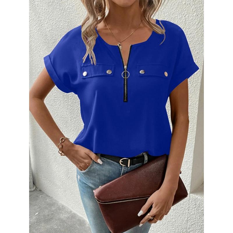 Women Summer Half Zip Pocket Detail Rolled Short Sleeve Multi Color Casual Loose Fit Blouse