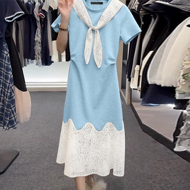 

ZANZEA Women Casual Round Neck Summer Short Sleeve Lace Splice Dress 5XL синій