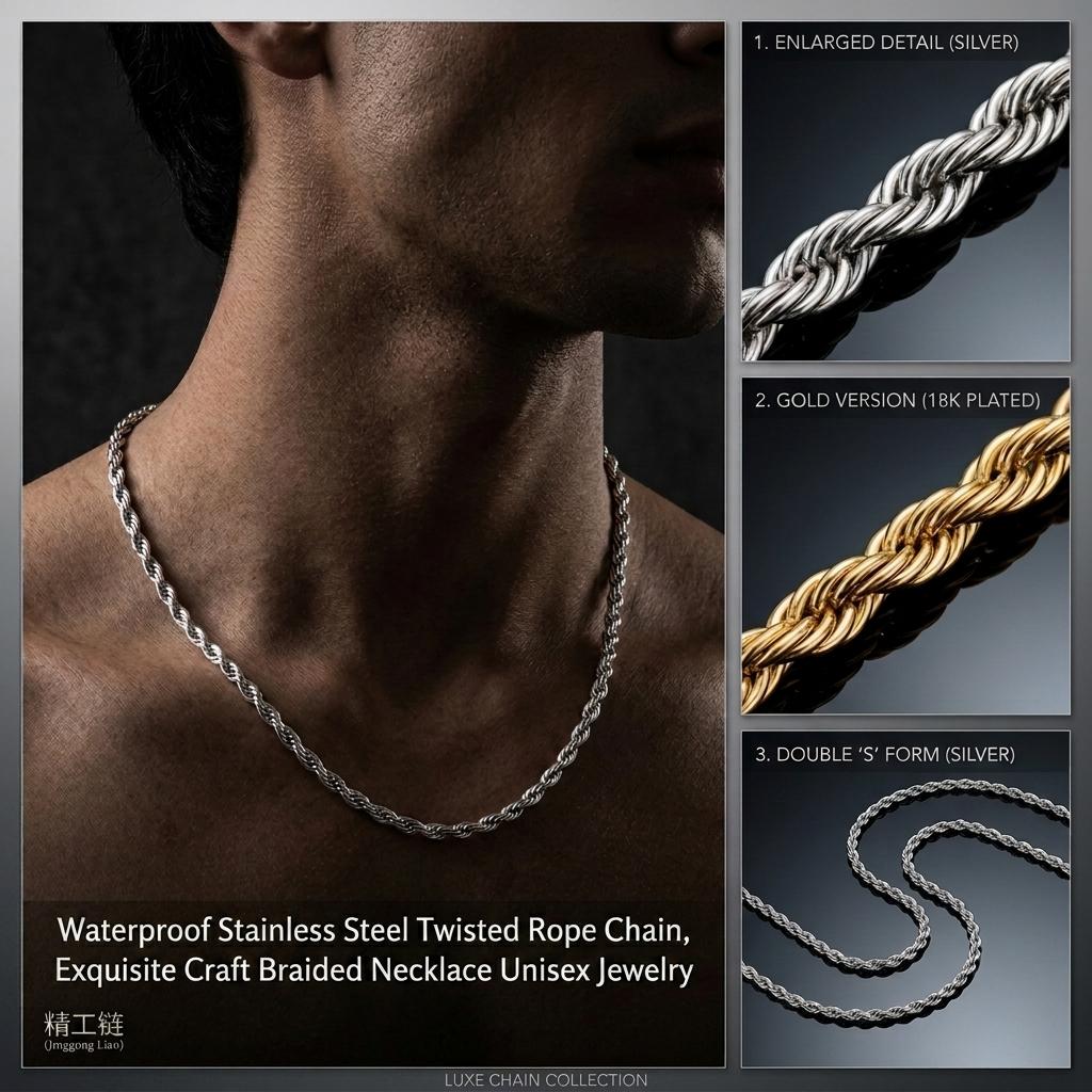 Premium Edelstahl Kordelgliederkette Halskette Hypoallergenes Minimalistisches Choker für Damen & Herren Tägliche Tragekette für Mann