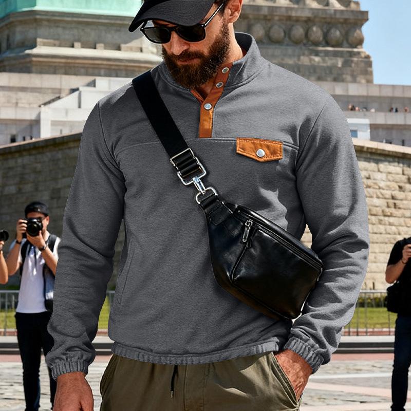 

Men s Casual Half-Button Stand Collar Sweatshirt Contrast Patch Design Long Sleeve Pullover Top S серый