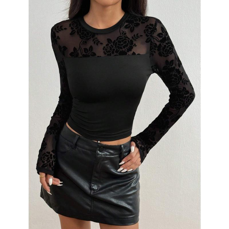 

Женская однотонная кружевная футболка с круглым вырезом и длинным рукавом, облегающая M чёрный