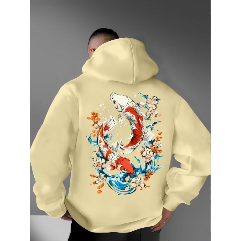 Unisex Oversized Hooded Sweatshirt With Japanese Ukiyo-e Cherry Blossom Koi Fish Print Soft Fleece-Lined Casual Top