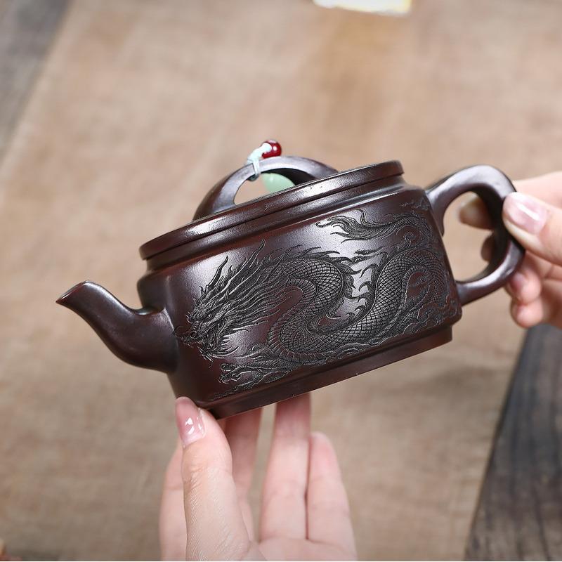 

460ml Yixing Purple Clay Teapots Handmade Both Dragon Pot Raw Ore Antique Brass Mud Tea Maker Kettle With Strainer Zisha Tea Set