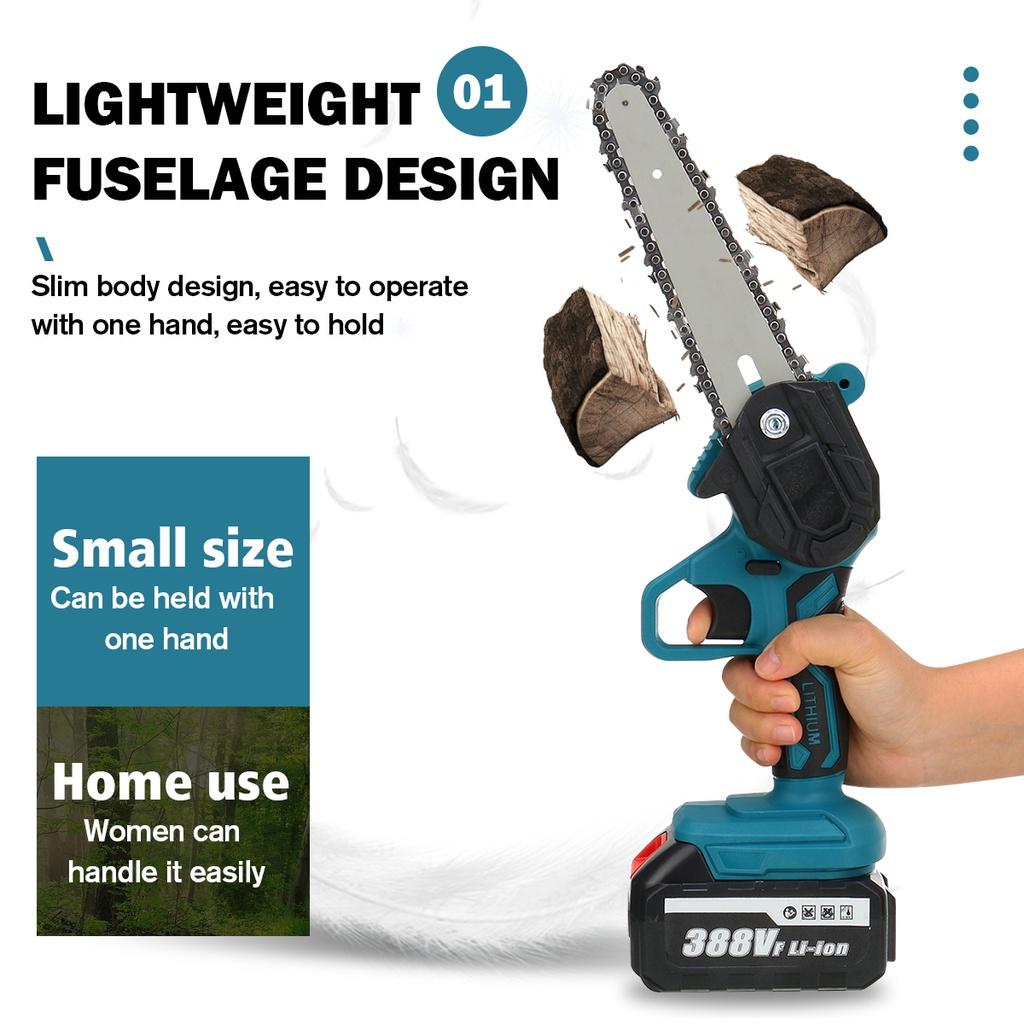 388V 3000W 6 Inch Mini Electric Chain Saw With 2Pcs Battery Woodworking Pruning Chainsaw One-handed Garden Logging Power