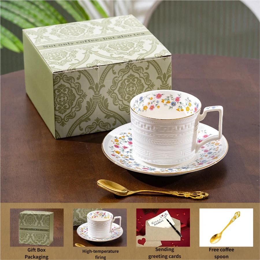 Vintage Floral Ceramic Coffee Cup & Saucer Set with Spoon, Gift Box, 280ml for Afternoon Tea