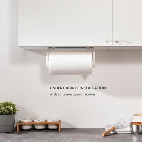 Simpletome Paper Towel Holder, Under Cabinet or Wall Mounted, One-Hand Operation, Tension Arm, Kitchen Paper Holder (White, Fits 24-28cm Rolls)