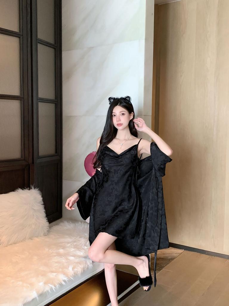 Sexy pajamas Women's Ice Ribbon chest pad New pure desire wind jacquard butterfly suspender nightgown nightgown silk loungewear