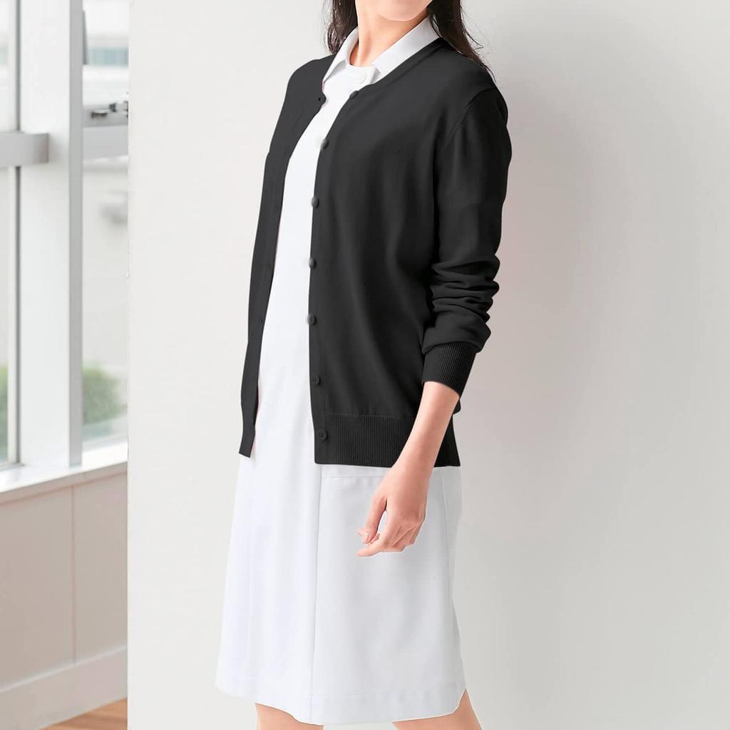 Washable Smooth Cotton Round Long Suitable for Office and Everyday Cold Size White [Anfamie] Cardigan, Blend, Neck, Length, Nurses, Workers, Wear,