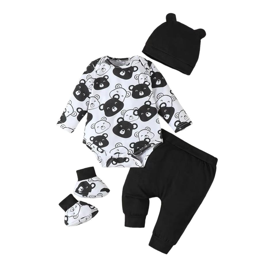 Moda 4 Colori 0-9 Mesi Neonato Orsetto Set Completo 4 Pezzi Autunno Tuta a Manica Lunga+Pantaloni+Cappello+Calzini Tuta Casual per Bambino Vestiti Regalo