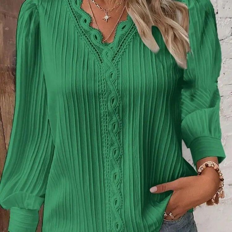 Fashion Lace Patchwork Blouse Elegant Womens White Shirt Long Sleeved V Neck Loose Fitting Office Casual Tops