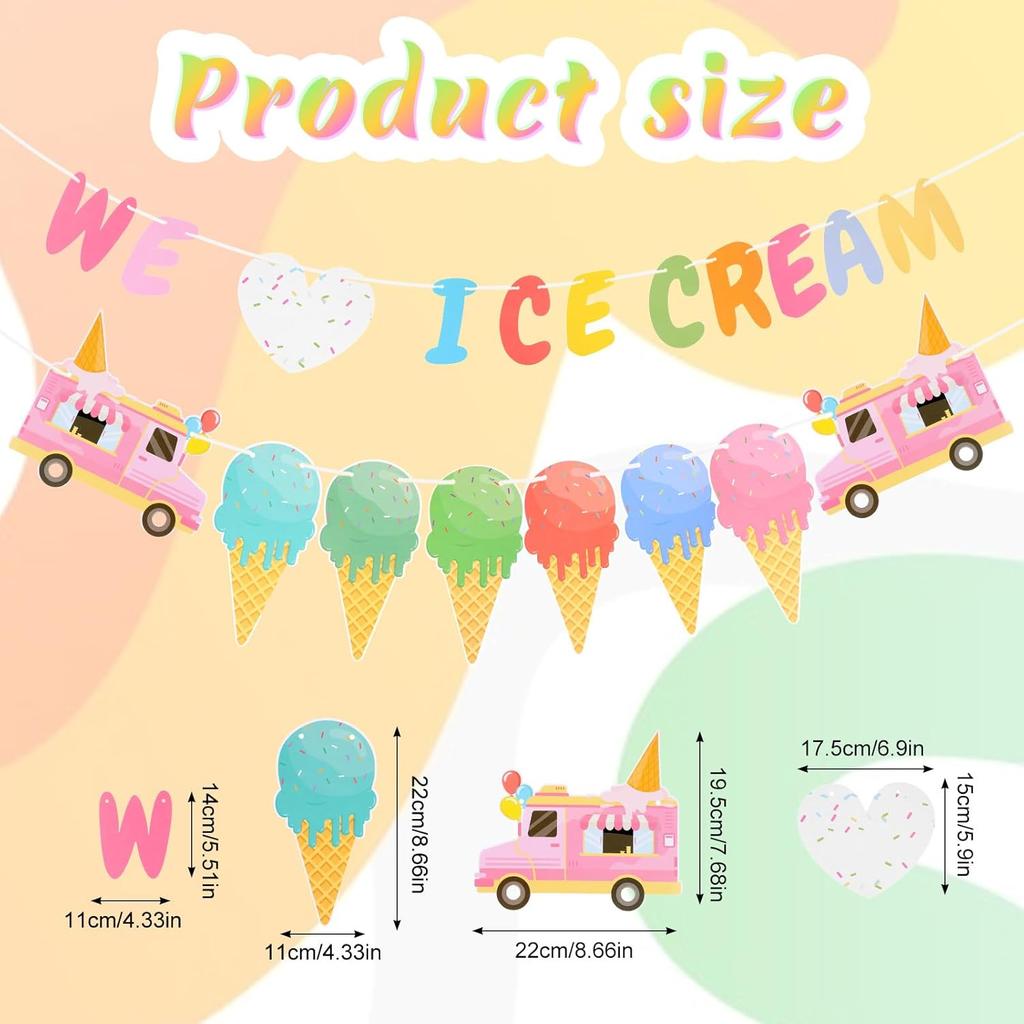 4 Pcs Ice Cream Banner Garland Ice Cream Birthday Party Decorations Supplies Icecream Bar Sign Streamer Decor for Summer Pool Beach Baby Shower