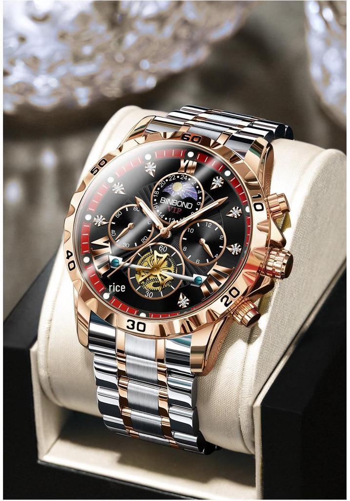 Binbang BINBOND Men's Luminous Waterproof Quartz Flywheel Watch - Genuine Business and Student Style, High-End Design.
