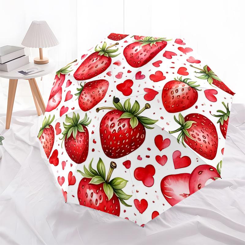 1pc Strawberry Heart Pattern Automatic Folding Umbrella, 8-Rib Iron Frame, Casual Outdoor Accessory for Birthday Festival Gifts Yy251128104