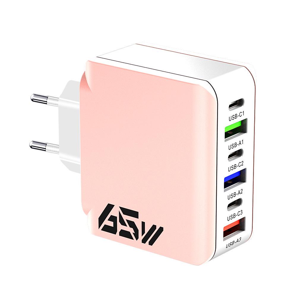 65W Multi-port Charger: 3 PD + 3 USB Ports, Compatible with US/EU/UK Standards, C Port Adapter