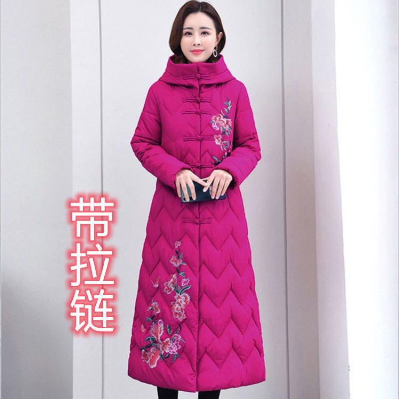 Mother's embroidered cotton-padded clothes with zipper Women's medium and long loose large size down cotton-padded clothes Winter cotton-padded