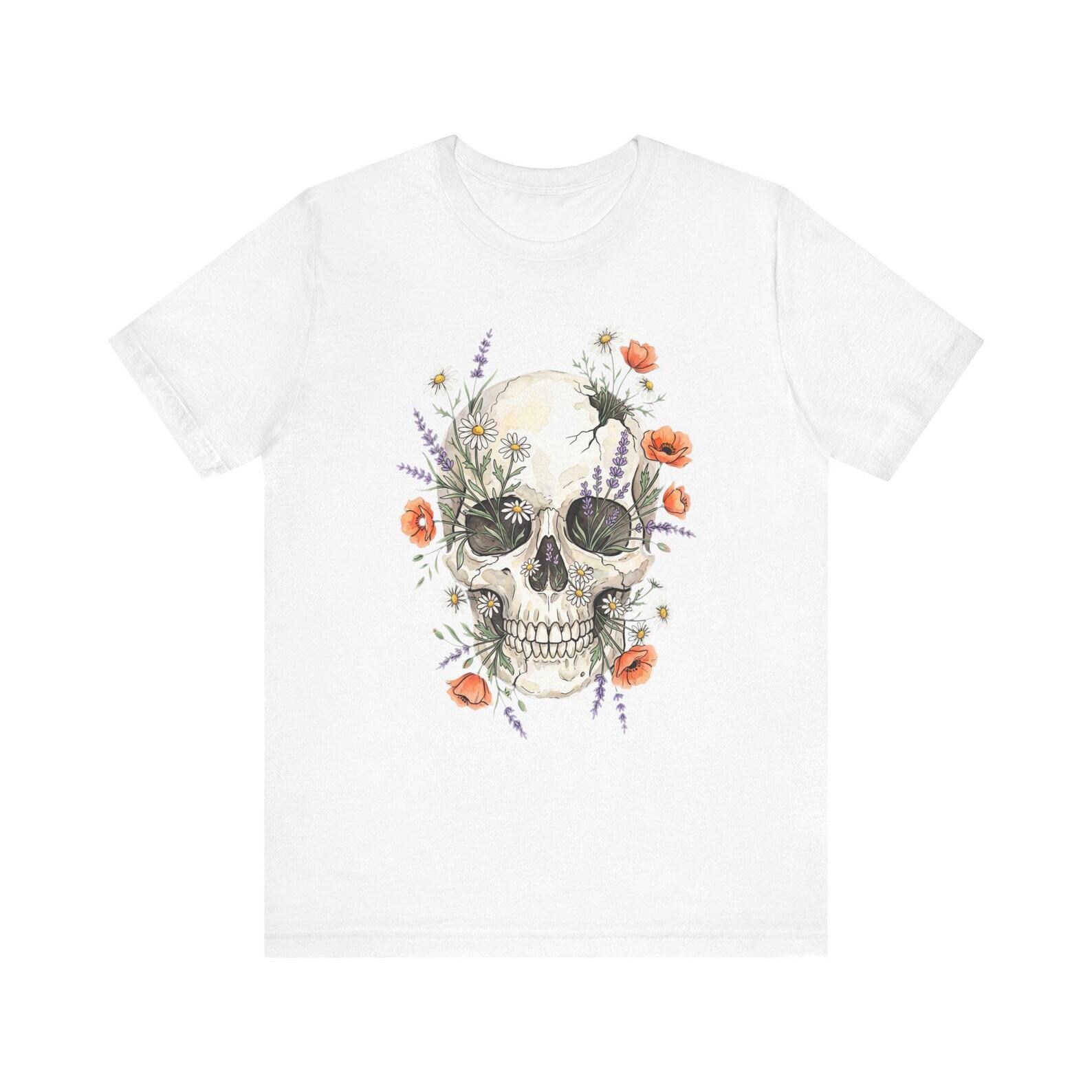 Floral Skull Illustration Tee | Skull with Poppies and Wildflowers L