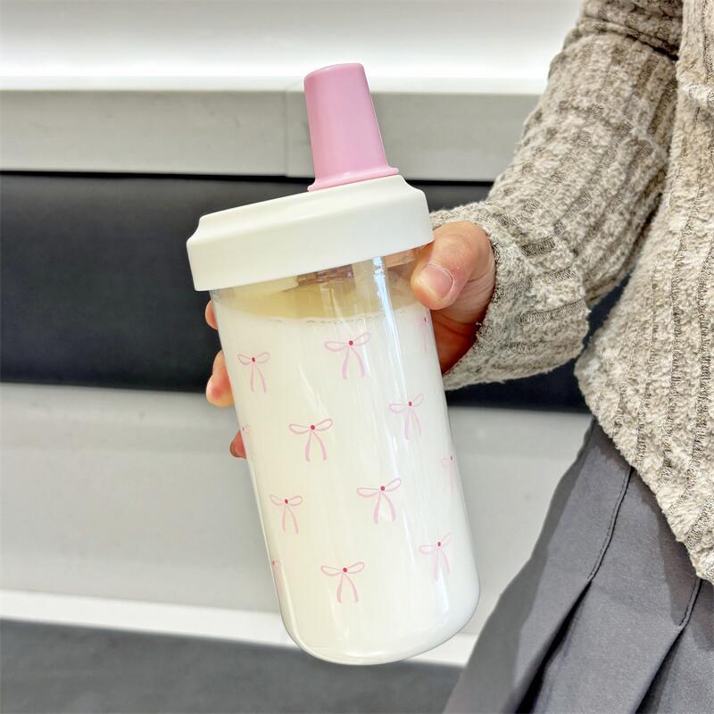 500Ml Bow Plastic Straw Cup Lid Student Office Cold Drink Cup With Straw Coffee Juice Milk Portable Large Capacity Water Cup