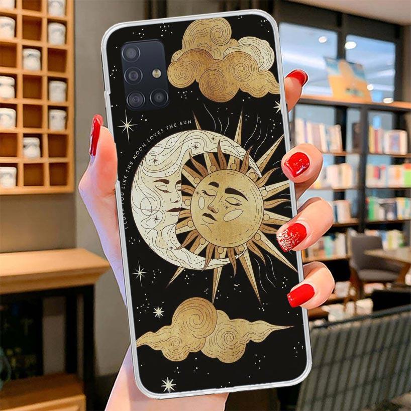 

Funny Sun Moon Face Cover Phone Case For Samsung Galaxy A12 A22 A32 A52 A72 A02S Phone Case Note 20 Ultra 10 S10 Plus A51 A71 A5 Samsung A02S