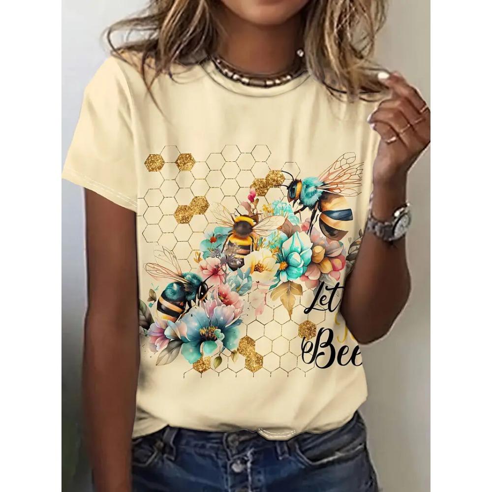 

Casual Women s T-Shirt Summer Round Neck Short Sleeve Bee Floral Pattern XL