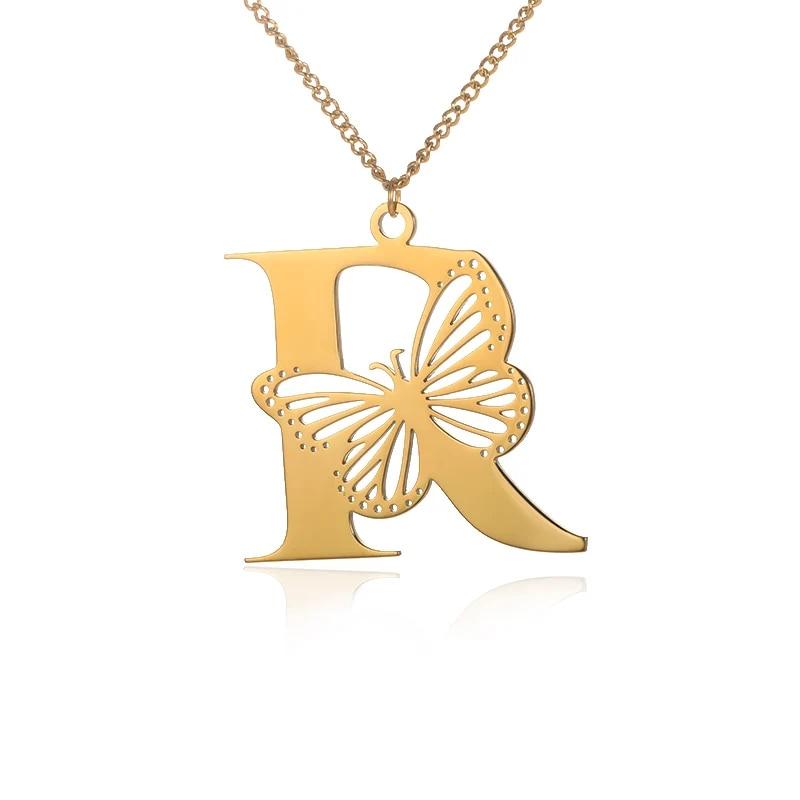 Dainty Big Butterfly Letters Necklaces For Women Girl Jewelry Stainless Steel Chain Initial Pendant Necklace Best Accessories