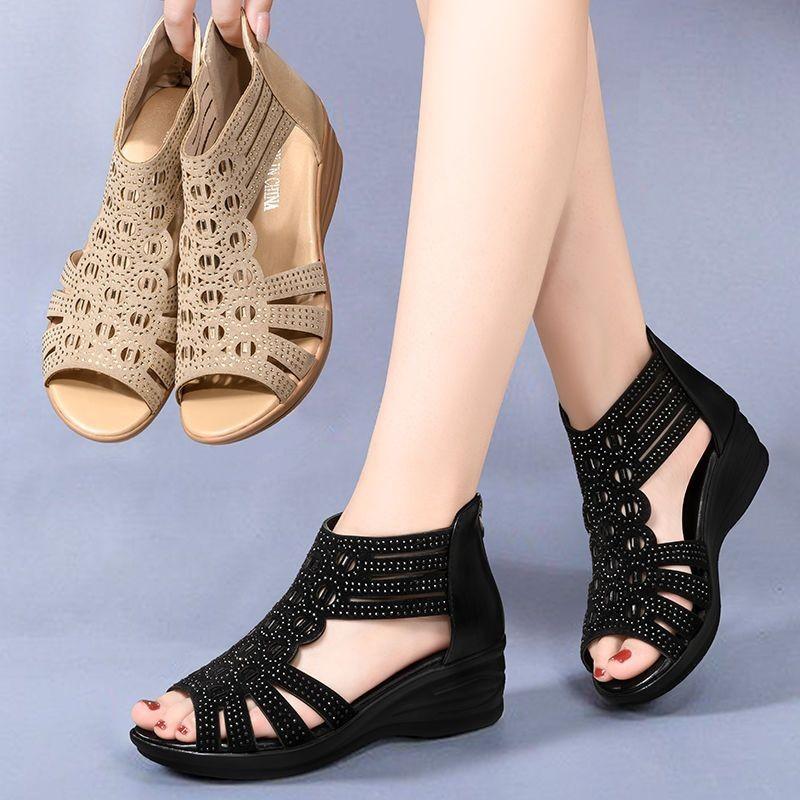 Soft Leather Roman Sandals for Women 2025 Summer New Soft Sole Women's Peep Toe Wedge Sandals Fashion Casual Mom's Shoes Ladies