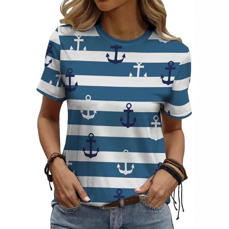 Stripe Color Blocked Digital Printing Fashion Trend Versatile Summer Women's Short Sleeved Round Neck T-shirt