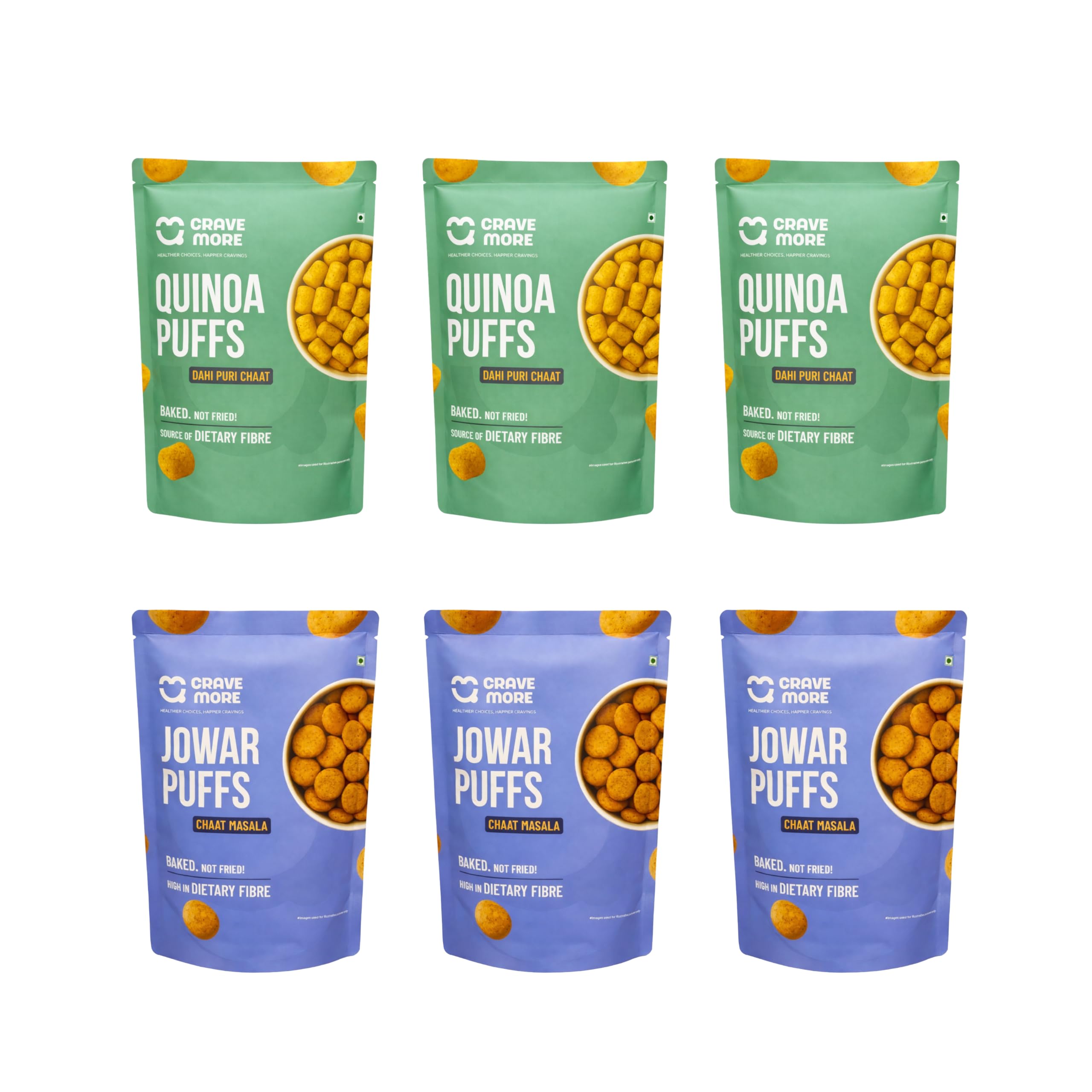 CRAVE MORE Jowar Puffs & Quinoa Puffs Combo | 45 g x 6 Pack | Chaat Masala & Dahi Puri Chaat Flavour | Baked, Gluten Free Snack Pack| No Maida, N