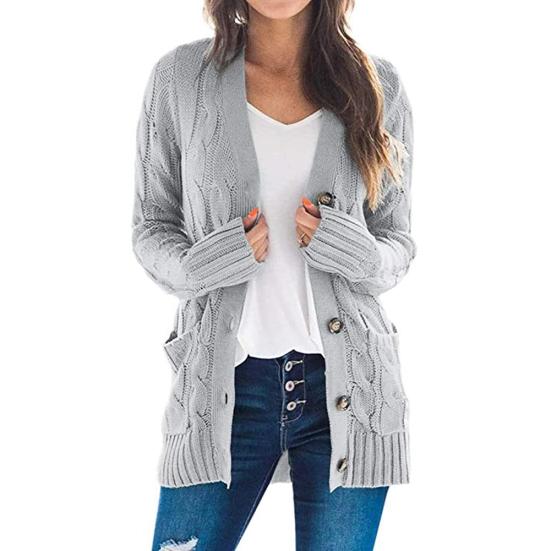 Women Autumn Open Front Knitted Cardigan Sweater Button Pockets Outwear Coat