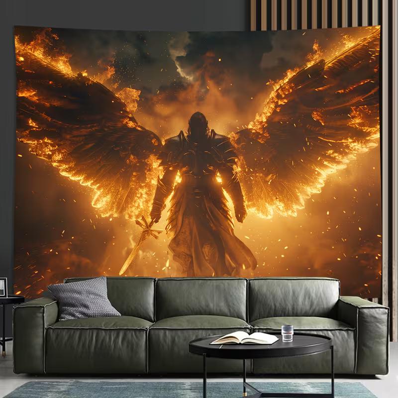 

2D Fantasy Warrior Angel Wall Hanging Tapestry with Fiery Background 47.2x31.5inch/120*80cm